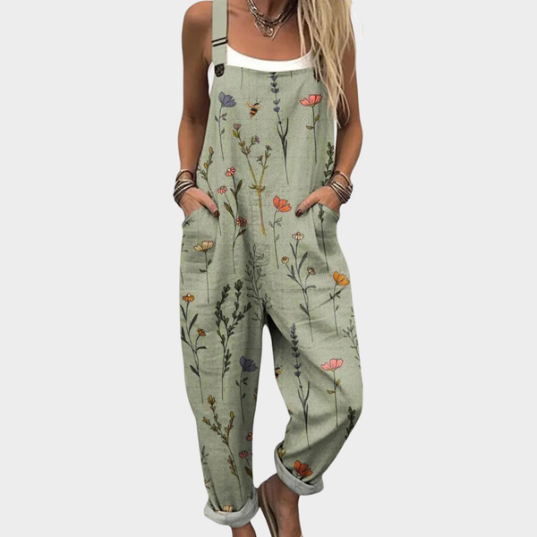 Fiona - Grüne Latzhose mit Wildblumen-Muster