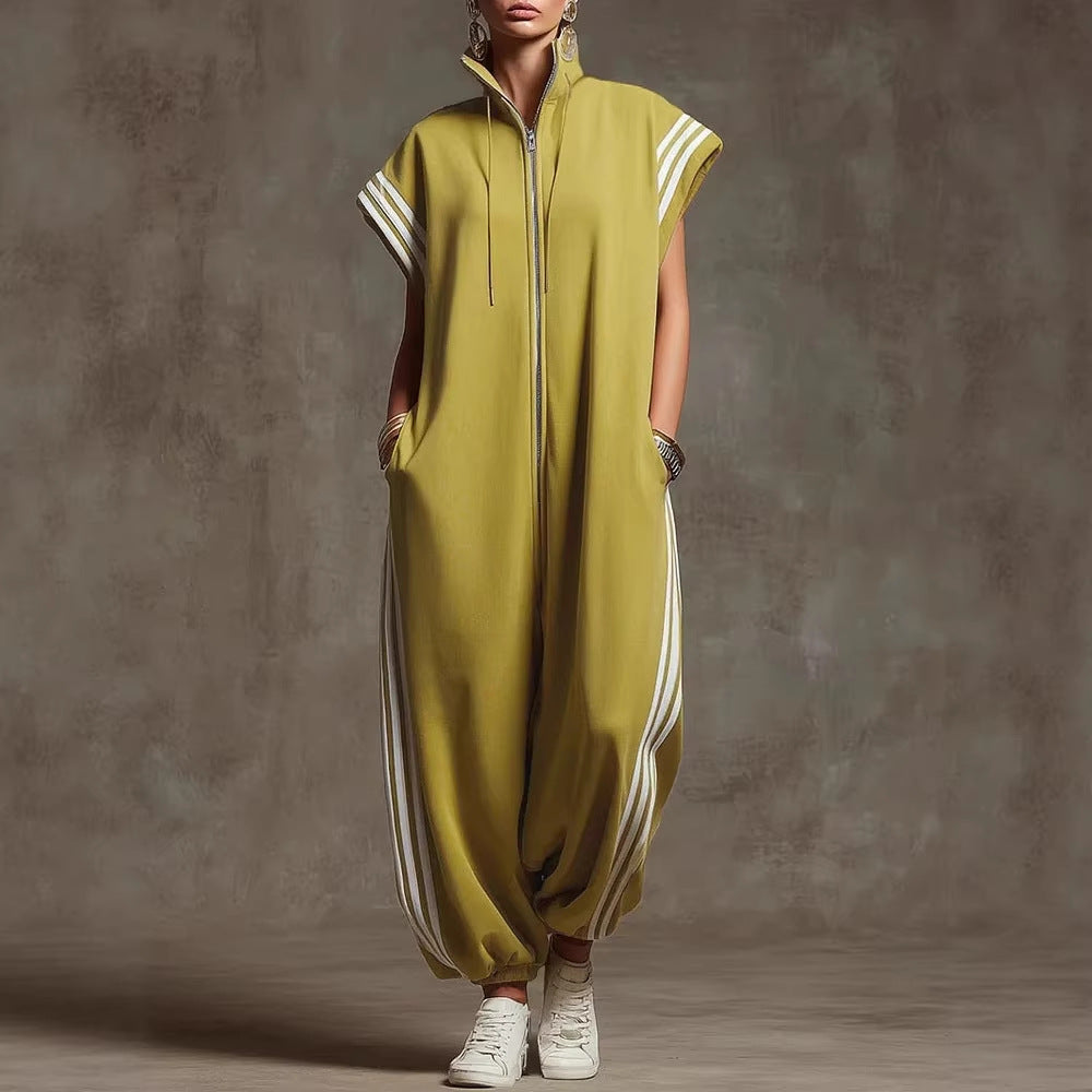 Elvara™ | Gestreifter Jumpsuit in Kontrastfarben mit Stehkragen und Reißverschluss