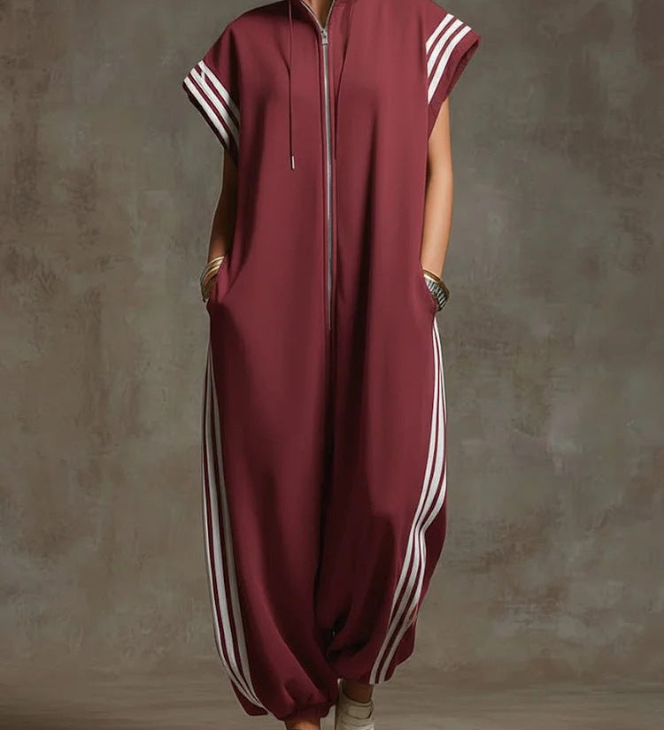 Elvara™ | Gestreifter Jumpsuit in Kontrastfarben mit Stehkragen und Reißverschluss