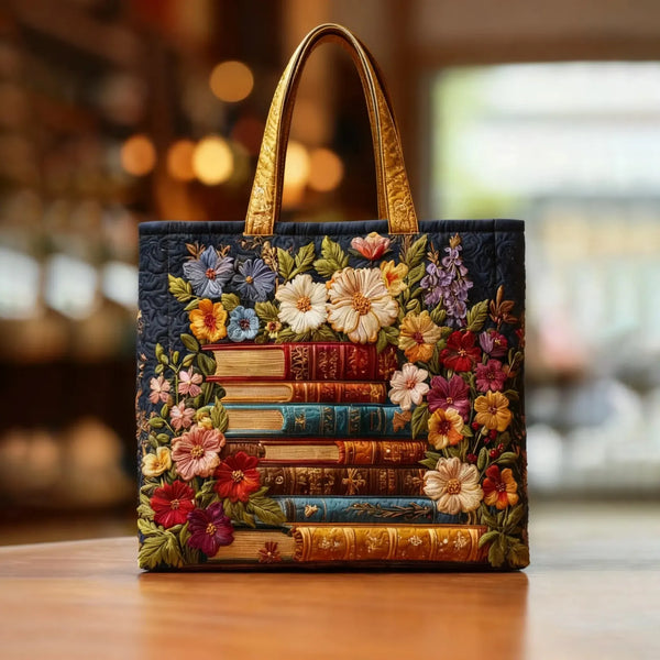 Handgefertigte Tasche - Floraldruck und Bücher