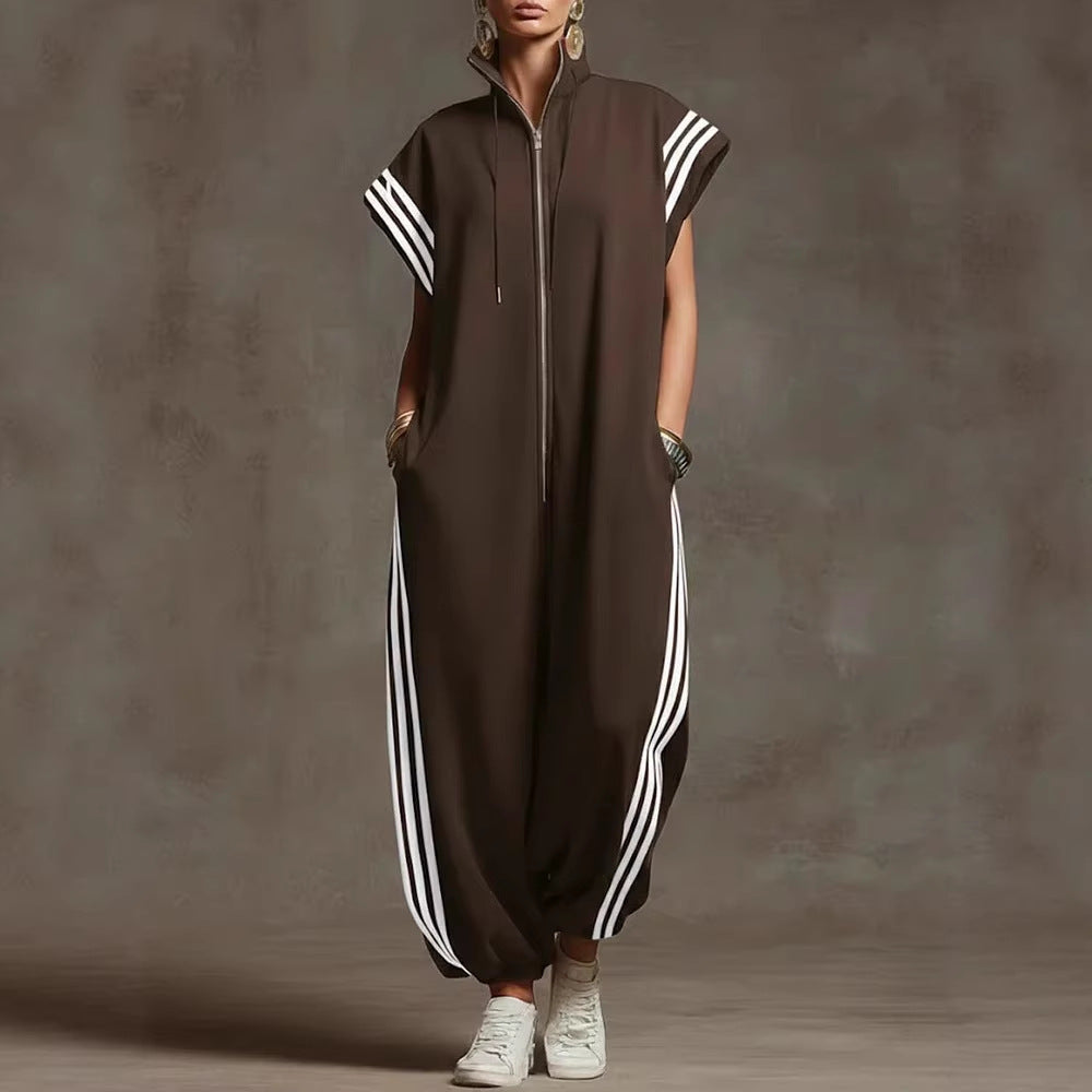 Elvara™ | Gestreifter Jumpsuit in Kontrastfarben mit Stehkragen und Reißverschluss
