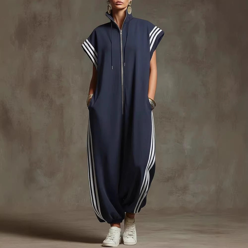 Elvara™ | Gestreifter Jumpsuit in Kontrastfarben mit Stehkragen und Reißverschluss